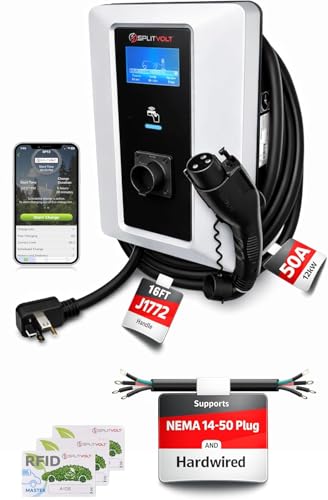 Splitvolt Level 2 Smart EV Charging Station - Connected, Adjustable 12kW, Display, Scheduling, RFID, NEMA 14-50, J1772, OCPP Compatible, Outdoor Rated, 16ft