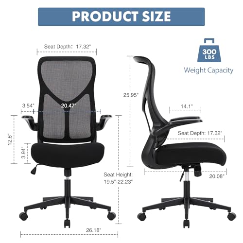 Image of DUMOS Office Managerial Executive Chair with Ergonomic Design, High Back Mesh Computer Desk Chair with Flip-up Armrests, Adjustable Height Swivel Task with Wheels, Comfy Lumbar Support, Black
