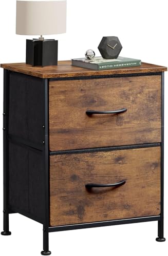 Yunking Night Stand, Small 2 Drawer Dresser, Nightstand with Fabric Bins for Bedroom, Closet, Dorm, Rustic Brown Wood Grain Print, 11.8" D x 15.7" W x 20.9" H