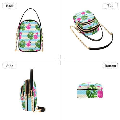 Pink Flamingos Palm Leaves Blue Women Shoulder Handbag Phone Wallet Chain Strap Purse Floral Print Designer Satchel Crossbody Bag, 5.9" × 8.3" × 3.1"4