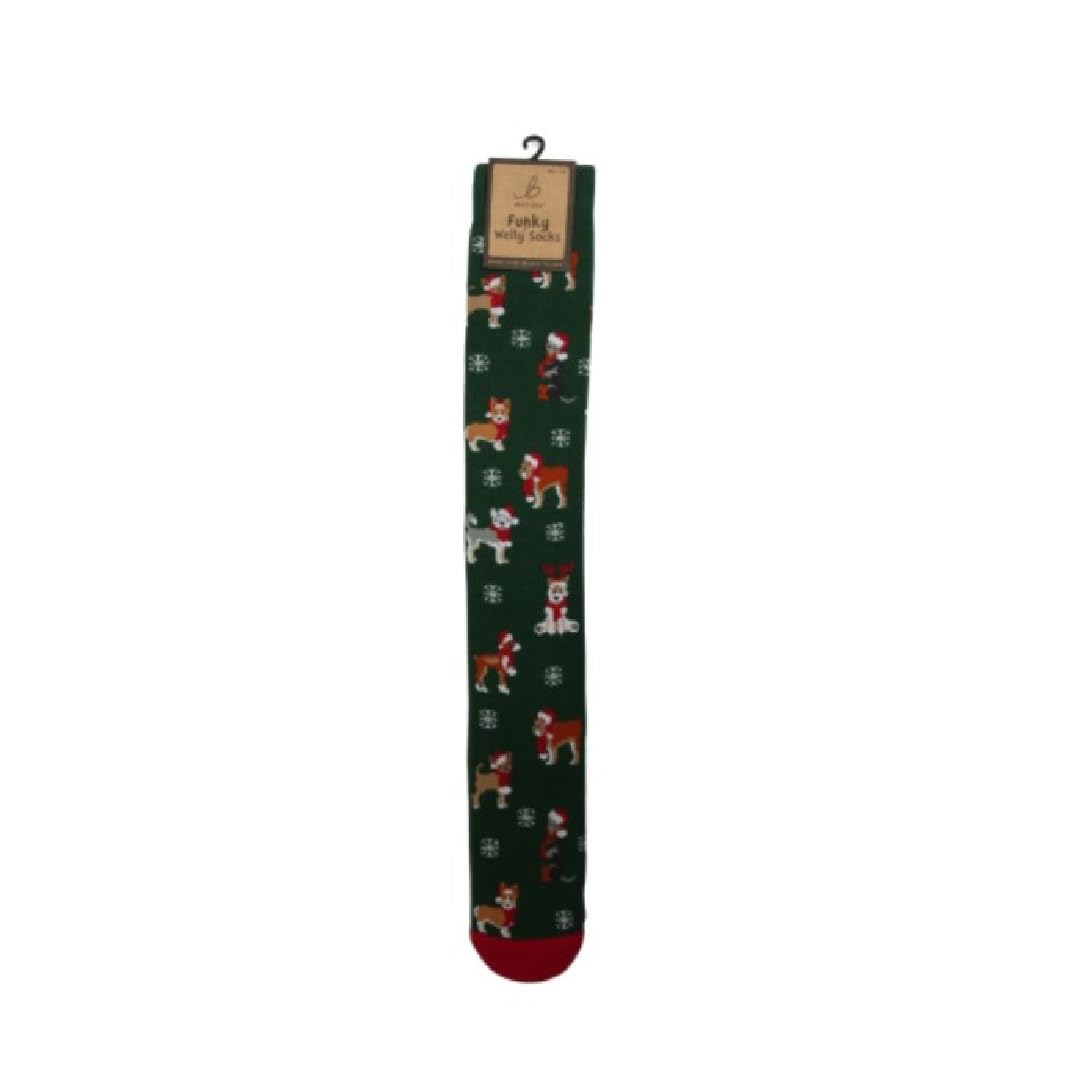 Bartleby Unisex Green Ladies Welly Socks Xmas Dog Design -7 Size 7