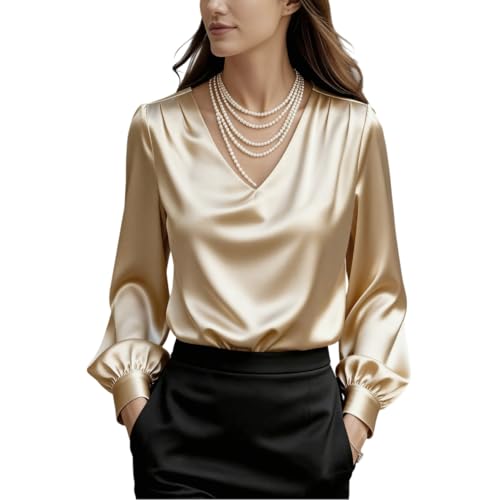 Blouse femme satin anti-froissement chemisier col V manches longues