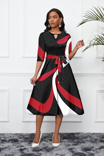 Image of CLOCOR Midi Dresses for Women Casual A-Line Fit and Flare Dress Crewneck 3 /4 Sleeve Keyhole Cocktail Party Church Dress