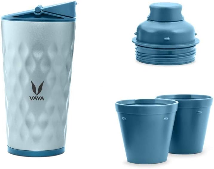 VAYA DRYNK Stainless Steel Water Bottle for Kids, 350ml Vacuum Insulated Water Bottle with Sipper, Gulper Lid, and 2 Tumblers, Hot and Cold Water Bottle for Boys, Leakproof Travel Bottle,Blue