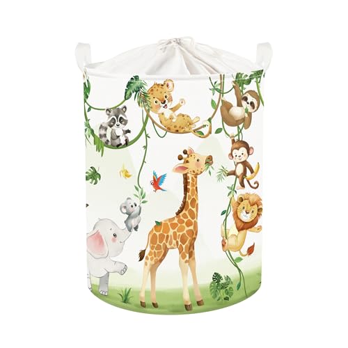 Image of HUUMONSS Giraffes Baby Laundry Hamper with Handle Collapsible Clothes Kids Storage Basket Elephants Boys Girls Gift Toy Box Bin for Nursery Room, White, 63L