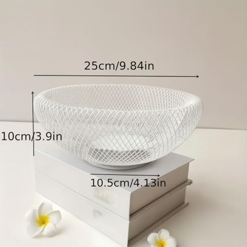 Image of Go Hooked Double-Layer Metal Mesh Fruit Bowl -10 Inch Durable & Stylish Iron Wire Basket, Keeps Fruits Fresh & Insect-Free, Perfect for Display Table, Dining Table, Room Desk Storage Basket - White
