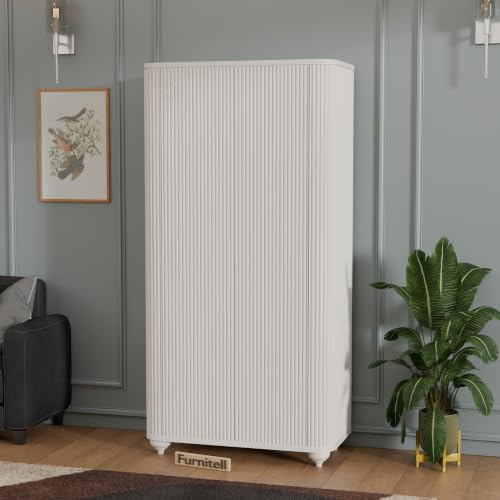 Image of 2 Door Wardrobe Almirah for Bedroom, 72 Inch | Premium HDHMR Wooden Cupboard with Hanging Rod & Storage Compartments | Fluted Push-to-Open Clothes Organizer Cabinet | White Finish