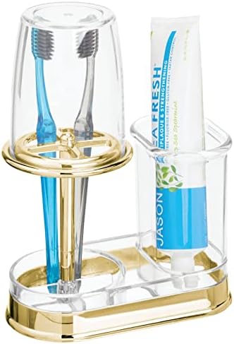 mDesign Plastic Toothpaste and Toothbrush Holder Center with Cup/Cover - Organizer for Bathroom Vanity Countertop - Holds Paste, Floss, Accessories - Hyde Collection - Clear/Soft Brass