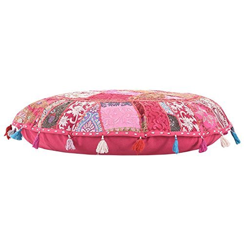 ANJANIYA Magnifique pouf indien rond bohème en patchwork indien traditionnel fait à la main en coton ottomane avec coussin de sol brodé vintage (rose) 81,3 cm Cover