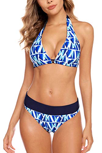 CharmLeaks Women Bikini Swimwear Halter Swimsuit Tie Back Bathing Suits Navy L
