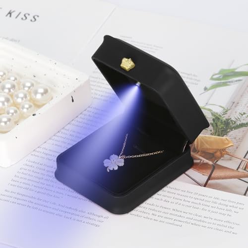 Necklace Pendant Gift Box with LED Light, Premium PU Leather Jewellry Storage Display Case for Wedding Engagement Birthday Anniversary Ceremony for Women Girl (Black) - Image 4