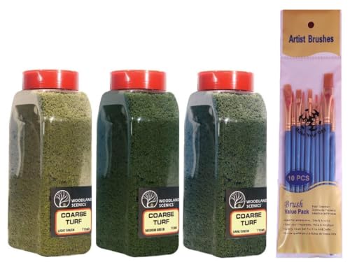 Make Your Day Woodland Scenics Coarse Shaker Bundle, Light Green, Medium Green, and Dark Green (Pack of 3) - Comes Paintbrushes