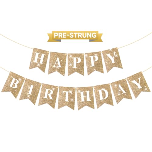 Pre-Strung Gold Happy Birthday Banner - Glitter Birthday Party Banner NO DIY Happy Birthday Sign Birthday Hanging Decoration for Women Men Girl Boy Party Supplies (Gold)