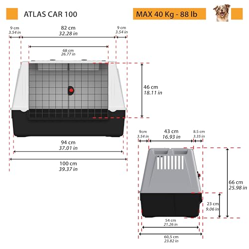 Ferplast Hundebox Auto Atlas CAR 100, Ablagefach, Doppelte Schiebeöffnung mit Sicherheitshaken, Abtropfmatte, L 100 x W 60 x H 66 cm - Max 40 Kg.