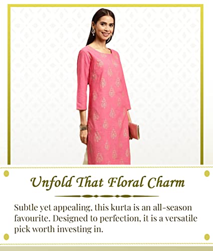 Image of rangita Pink Cotton Knee Length Printed Straight Kurti for Women | Kurta for Women