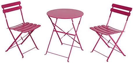 OC Orange-Casual 3-Piece Outdoor Furniture Set, Premium Steel Patio Stripe Small Bistro Set, Folding Dining Table and Chairs for Porch Balcony, Rose Pink