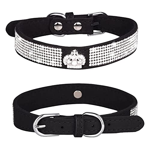 HALFSUMO Strass Hundehalsband Weicher Samt Leder Halsband Hundeleine Combo Set Niedliche Luxus Diamantbesetzt Bling Verstellbares Welpenhalsband für Kleine Mittelgroße Hunde Katzen Schwarz M
