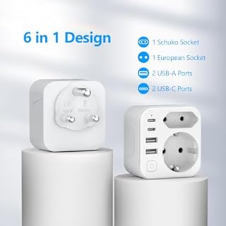 JSVER Adaptateur Prise Afrique du Sud,6 en 1 Adaptateur Voyage France vers Afrique du Sud avec 2 USB A et 2 Type C(17W) Adaptateur Type M pour Namibie, Swaziland, Lesotho et Bhoutan(Blanc)