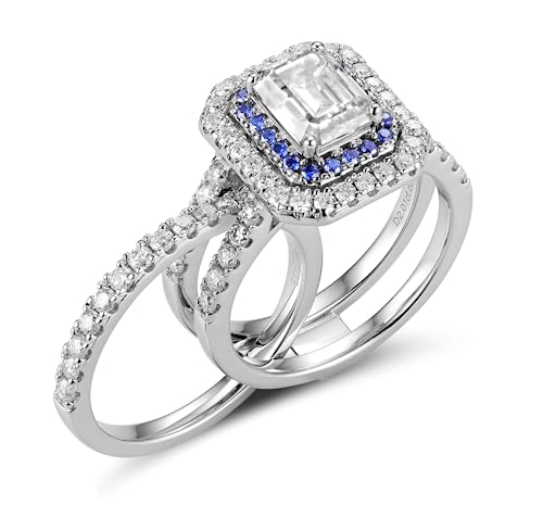 DovEggs Emerald Cut Moissanite Engagement Rings for Women 2.9ct total GHI Moissanite Halo Moissanite&Blue Sapphire Accents 14k Gold QUALITY Sterling Silver Enhancer Wedding Ring Sets