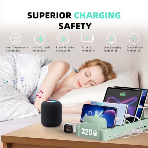 Image of Charging Station for Multiple Devices, Zobirez 10-Port USB C Fast Charger Stations for MacBook, iPhone, Android Cell Phone, iPad, Tablet, Family Multi-Device Organizer Charging Dock, Green
