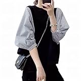 [eleitchtee] ブラウス レディース トップス 七分袖 シャツ 夏 ゆったり 半袖 着痩せ 切り替え チェック柄 カットソー 柔らかい カジュアル 普段着 通勤 春 秋 (L, ブラック+チェック柄)