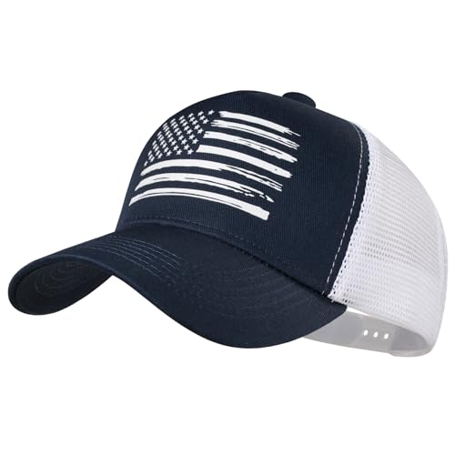 VIONLAN Baseball Cap American Flag Trucker Hat for Men Women 3D Embossed Logo Adjustable Outdoor Mesh Snapback Hat, Navy/White Flag, One size