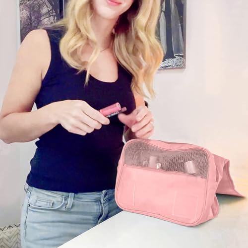 Image of Travel Toiletry Bag with Hanging Hook, Waterproof Cosmetic Organizer Pouch, Foldable Makeup Storage Case with Mesh & Transparent Compartments, Portable Travel Accessories Bag (Pink Pink)
