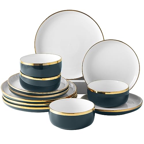 Pokini Juego de vajilla de porcelana, juego de 12 platos y cuencos de porcelana de lujo, juego de platos verdes con borde dorado para boda, aniversario, cumpleaños, juego de platos modernos para cena,
