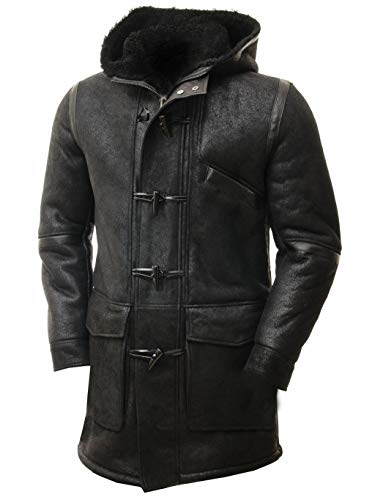 Duffle Sheepskin Leather Jacket for Men Artificial Fur Hooded Coat Black Toggle Button