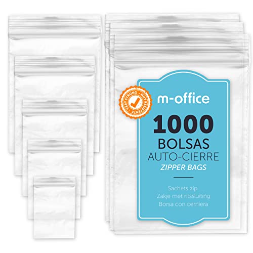 Bolsas con Cierre Hermético, Bolsas Zip de Plástico Transparentes Ideales para Congelar Alimentos, Guarda Documentos, Bolsas Reutilizables y de Conservación · m-office (80x120mm, 1000unds)