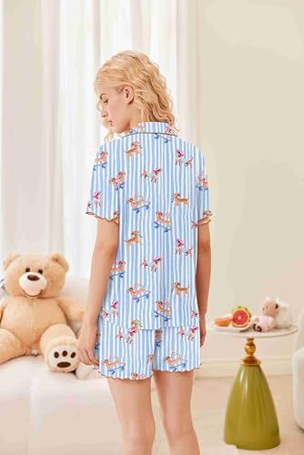 Image of Ekouaer Button Up Pajamas Set for Women Short Sleeve Ribbed Knit Sleepwear 2 Piece Pjs Shorts Set