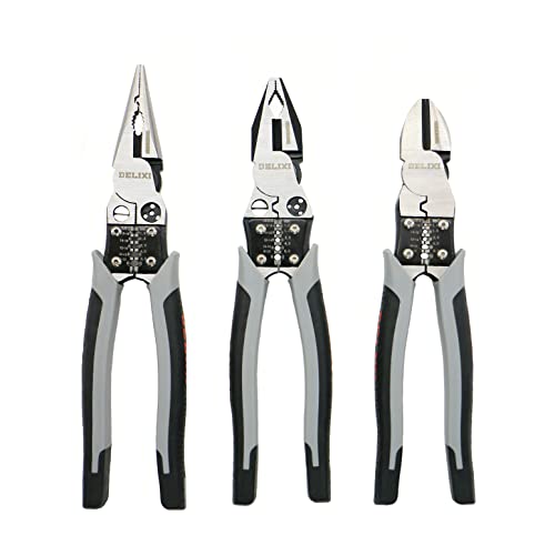 Delixi Pliers Set 3 Pcs Cr-V Multifunctional 8.5" Diagonal Cutting Pliers, 9" Linesman Pliers, 9" Needle Nose Pliers With Wire Stripper And Side Cutter #TOP12
