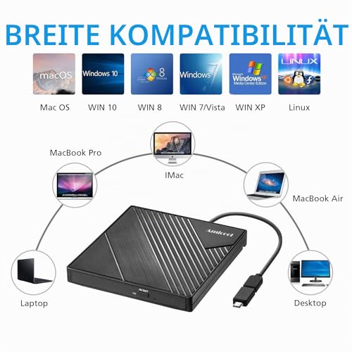Amicool Externes DVD Laufwerk Extern USB 3.0 USB C CD Laufwerk für Laptop Desktop PC MacBook Externer DVD Brenner Windows 7/8.1/10/11 Linux Mac OS CD/DVD Reader Tragbar +/-RW ROM Optisches Drive
