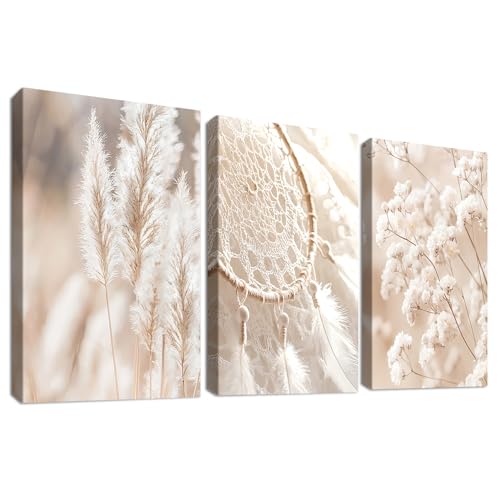 3 Pcs Beige Hierba de la Pampa Marco de Madera Cuadro Moderno Atrapasueños Botánico Aliento de Bebé Lienzo Decorativos Pintura Imagen Cuadros Decoracion Salon Dormitorios Pasillo Baño 40cmx60cmx3
