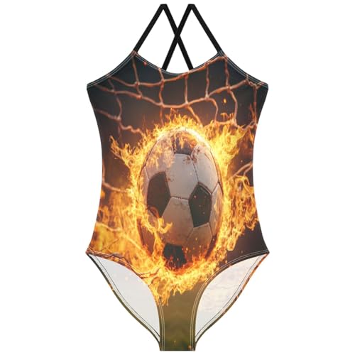 Pigsaly Girls One Piece Swimsuits Red Fire Soccer Ball Football Kids Cross Back Swimwear Toddler Beach Sport Bathing Suit 3T