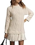 Woman's Cable Knit Sweater Dress Long Sleeve Crewneck Casual Twofer Style Patchwork Mini Dresses Beige Small 4