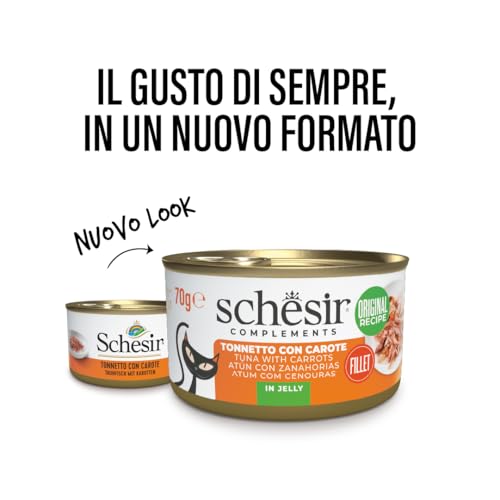 Schesir, Thunfischfilets mit Karotten in Gelee, ergänzendes Nassfutter für Katzen, Originalrezept, 100% natürlich, 12 Dosen à 70 g