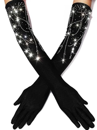 GEMILY Black Satin Long Gloves Formal Rhinestone Opera Gloves for Women