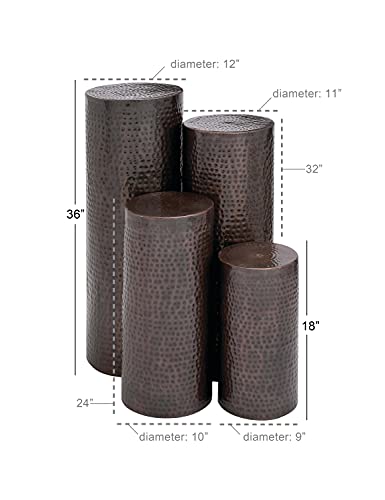 Deco 79 Metal Cylinder Pedestal Table With Hammered Design, Set Of 4 36", 32", 24", 18"H, Brown #TOP7