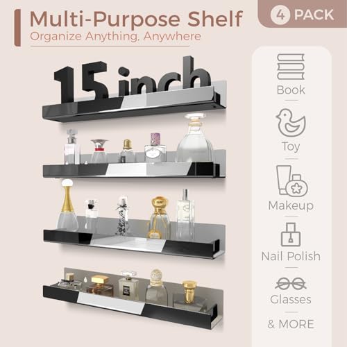 Image of 4 Pack 15 Inch Black Reflective Acrylic Floating Wall Shelves | Modern Display Shelf for Sunglasses, Oils, Pictures & Toy Storage Decor