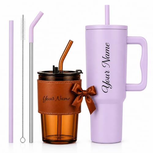 Image of Stainless Steel Tumbler with Lid & Straw, 100% Leakproof Tumblers with Handle, Drink Sipper for Office,Gym & Outdoors 1200ml Tumbler (Purple+Brown)