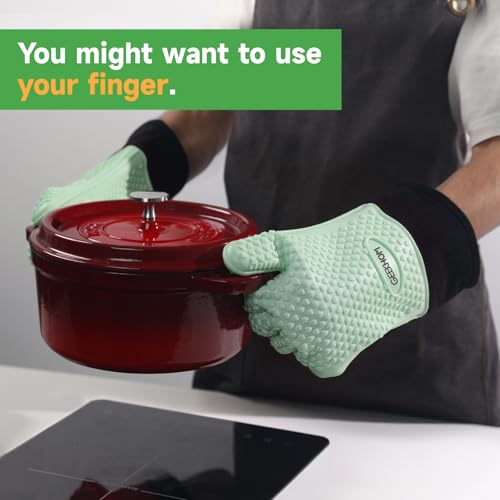 Image of GEEKHOM BBQ Gloves Heat Resistant Oven Mitts - Silicone Grilling Gloves with 13.7 inch Arm Protection - Waterproof Pot Holder Non-Slip for Men & Women, Kitchen Outdoor Cooking, Baking, Camping, Mint Green
