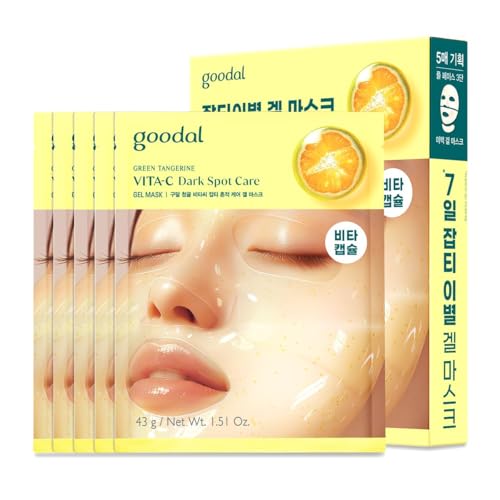 Image of GOODAL Green Tangerine Vita C Gel Mask, Deep Moisturising Hydrogel Essence Face Mask for Glass & Glow Skin, Overnight Facial Mask, Jelly Mask for Sensitive Skin with Vitamin C, Korean Skin Care, 5EA
