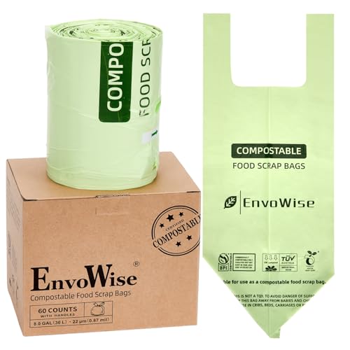 EnvoWise Compostable Trash Bags with Handles 8 Gallon (30L) 60 Count | Premium Thick BPI & OK Compost Industrial Certified Tall Slim-Fit Design for 58 Gallon Kitchen & Compost Bins