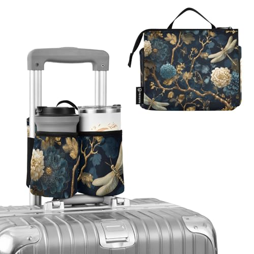 Image of Luggage Cup Holder for Suitcases Free Hands Suitcase Cup Holder Travel Luggage Drink Holder Portable Luggage Cup Caddy Bag Carrier with Handle Mystical Flowers and Dragonflies