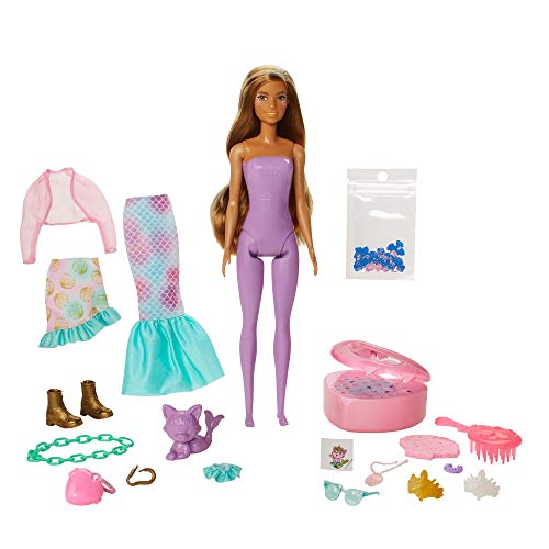 Barbie GXV93 - Color Reveal Fantasy Fashion Meerjungfrau Puppe & Haustier, mit Aufkleber und 25 Überraschungen, Spielzeug für Kinder ab 3 Jahren
