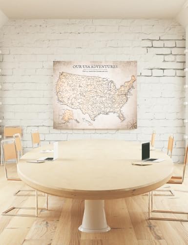 Image of IPIC - Vintage USA Canvas Wall Art, Large Travel Map Print for Home, Office, or Study, Push Pin Map Decor for Travel Lovers, Ready to Hang