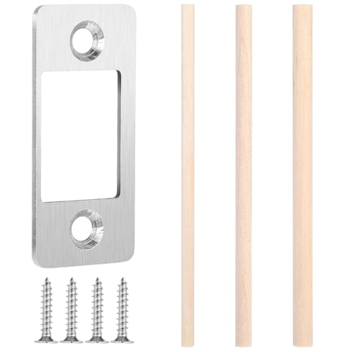 JIYIN Deadbolt Restorer Strike for Interior Doors, Stainless Steel Latch Strike Plate with Wood Dowel Strips Universal Deadbolt Strike Plate for Home Door Easy Repair Misalignment (Silver)
