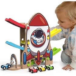 Rocket Wooden Race Track with 4 Cars for Toddlers 2-4
