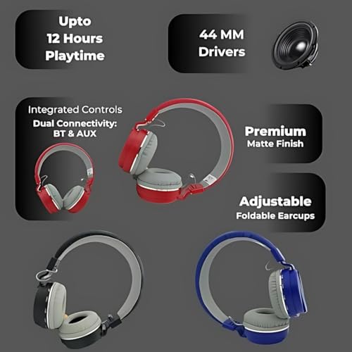 Gadget store Bluetooth On Ear Headphones with Mic, Upto 12 Hours Playback FM Radio, Calling Function | Padded Ear Cusion with Mic Features | Integrated Controls & Dual Modes (Red) - Image 3